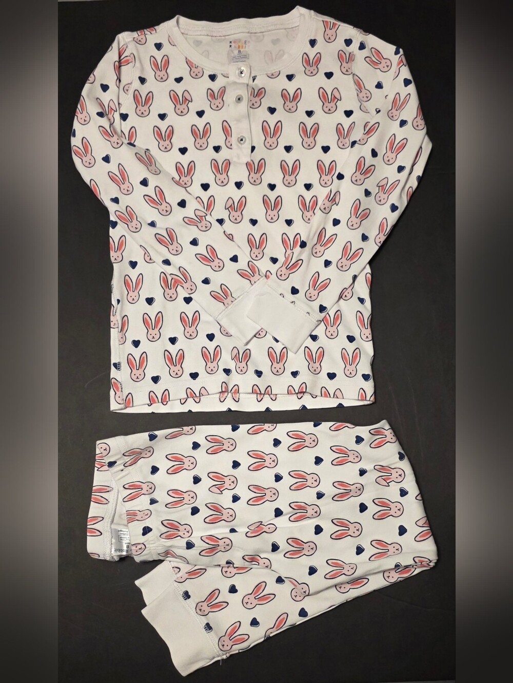 Kids White Bunny Print Pajama Set - Pink & Navy Size 8